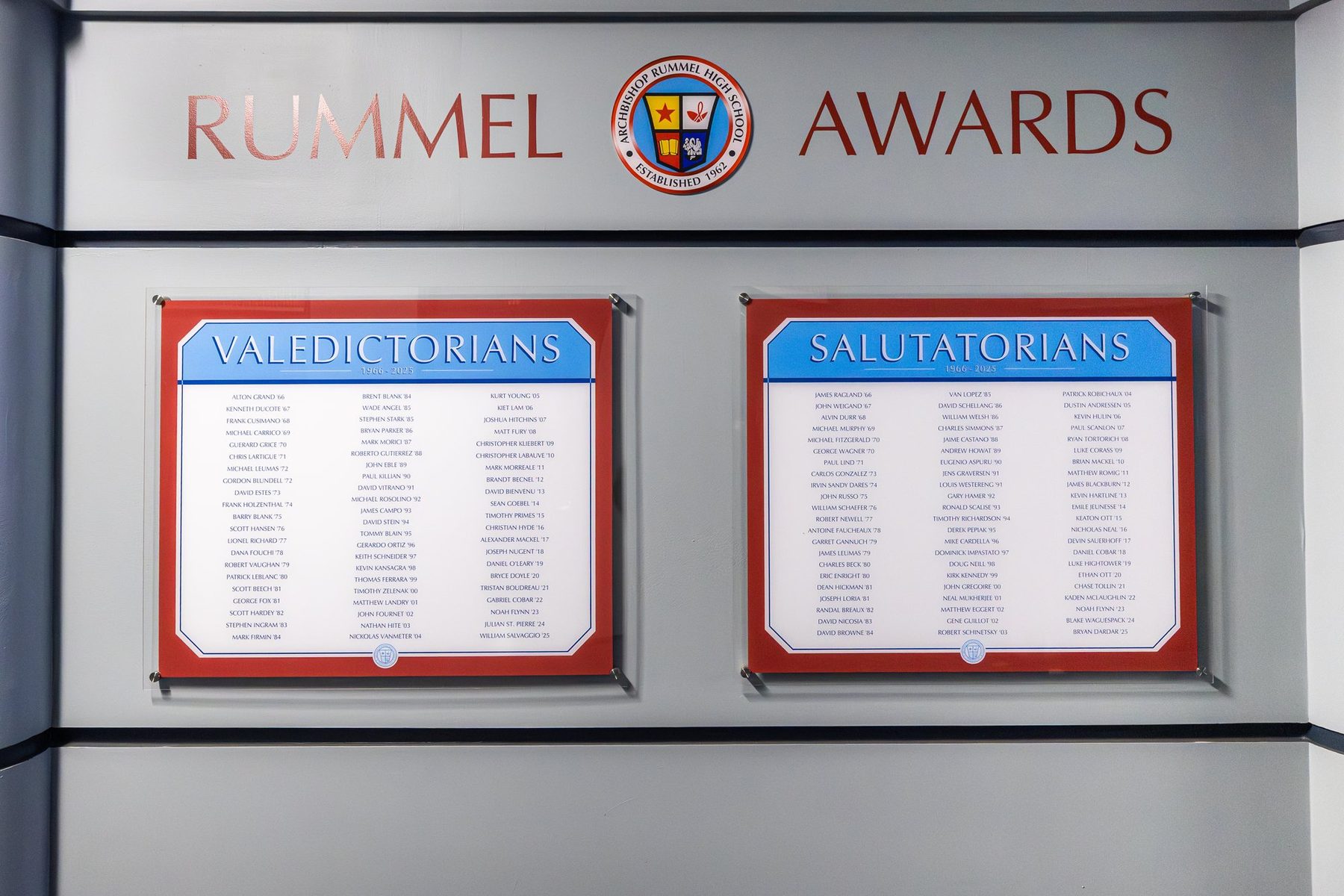 The Award Wall in the library: Rummel Awards, the valedictorian and salutatorian rolls in Columbia blue and red frames