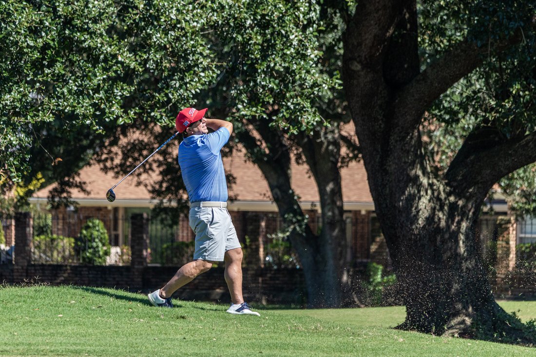 A golfer mid swing beneath the live oak on the fairway