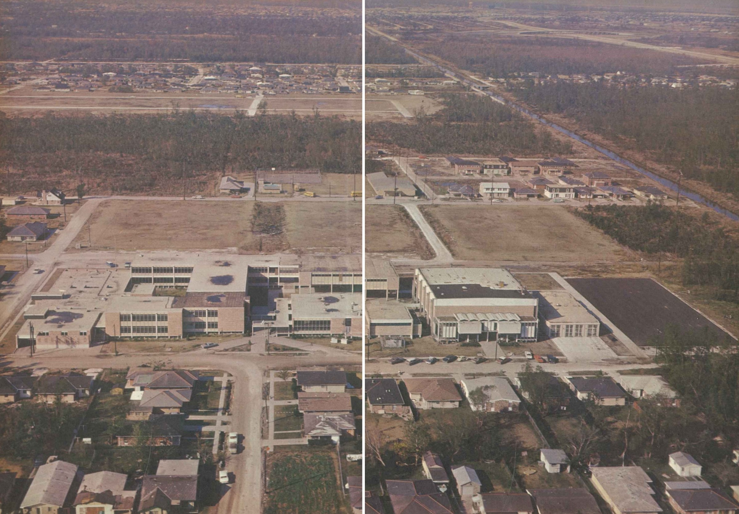 An aerial photograph of Archbishop Rummel High School in 1966, with the surrounding Metairie neighborhood, the drainage canal, and undeveloped land running to the horizon