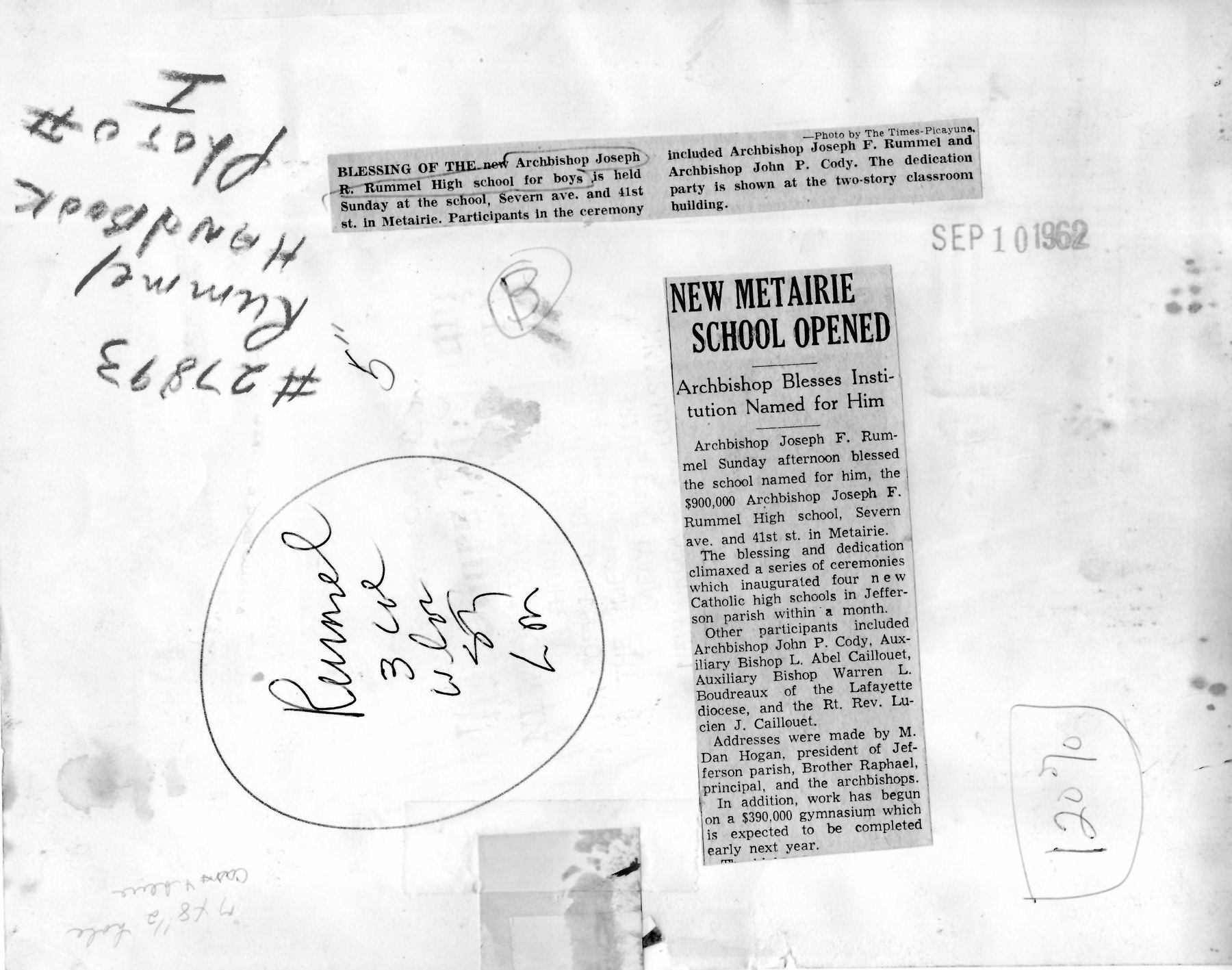 Newspaper clipping headlined New Metairie School Opened, September 1962