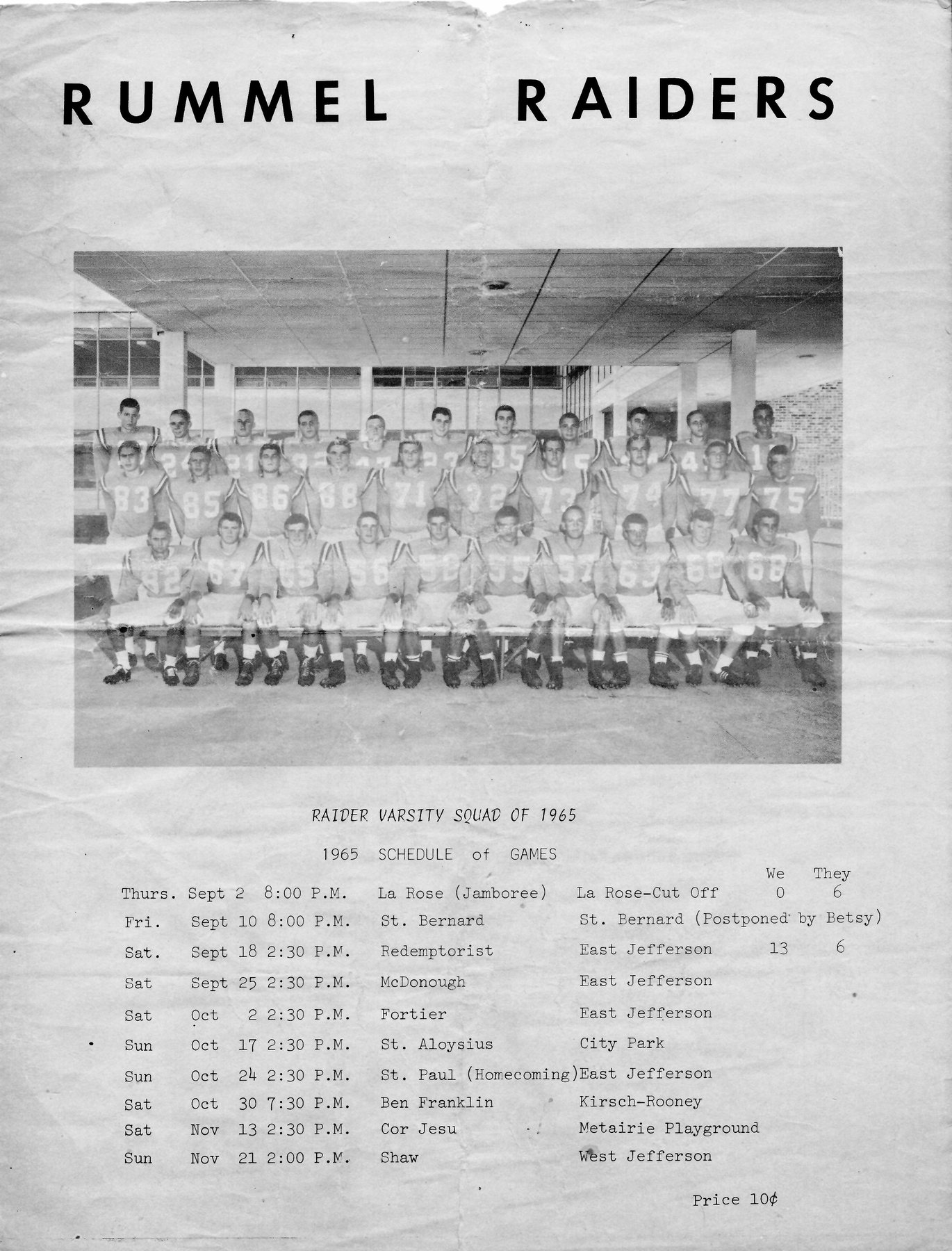 The first Rummel Raiders varsity squad photograph with the 1963 schedule of games