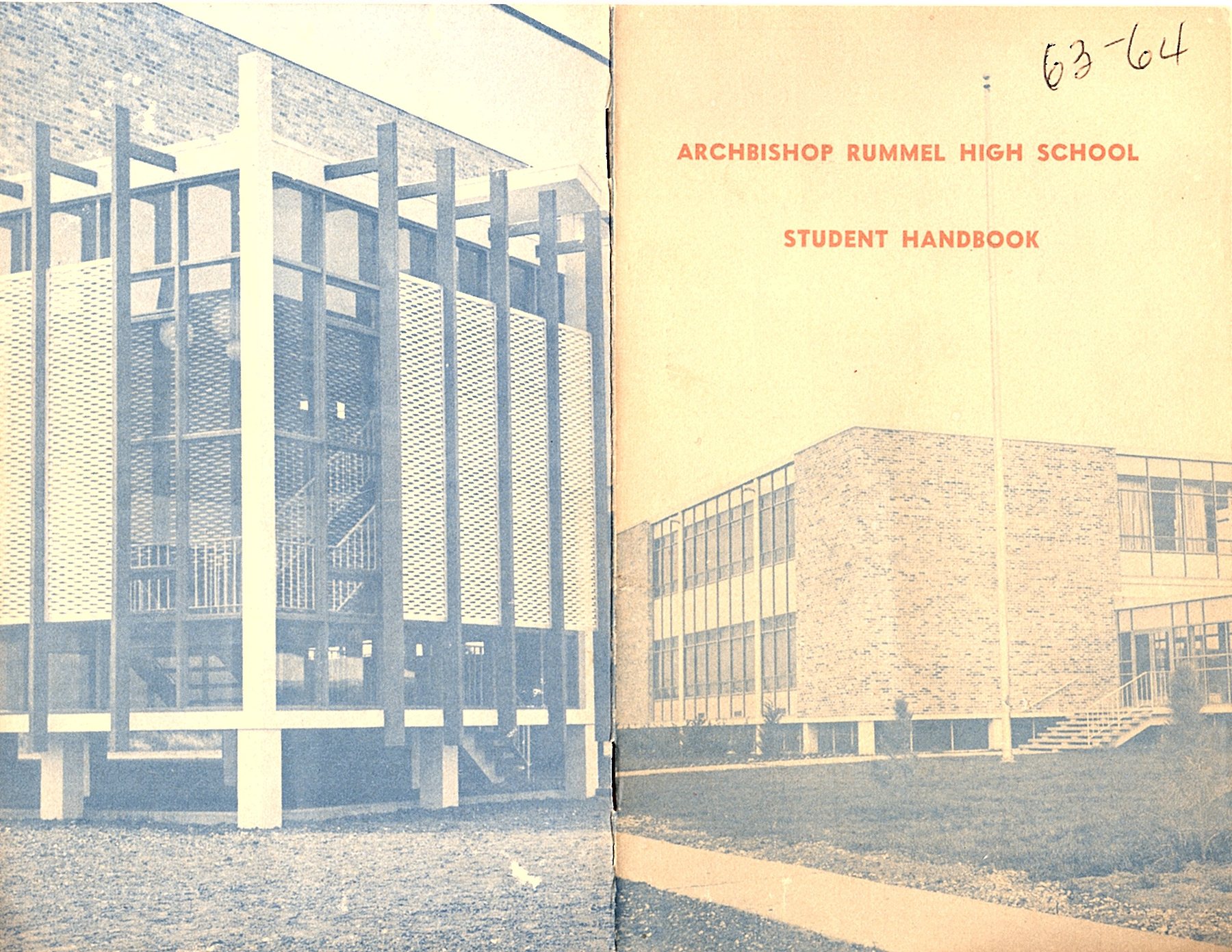 The 1963 to 1964 Student Handbook, open to a drawing of the school