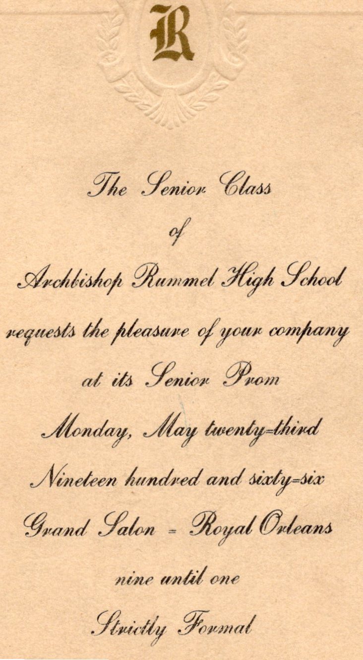 Engraved invitation to the 1966 Senior Prom at the Grand Salon of the Royal Orleans