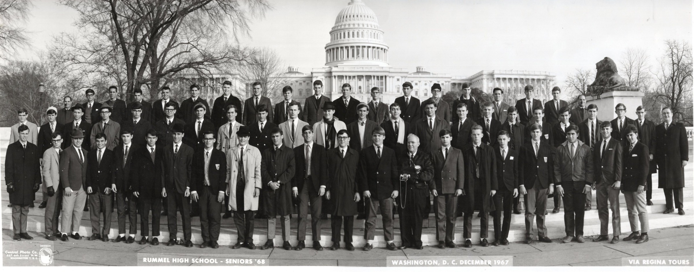The Class of 1968 in coats and ties across the full width of the Capitol steps, December 1967