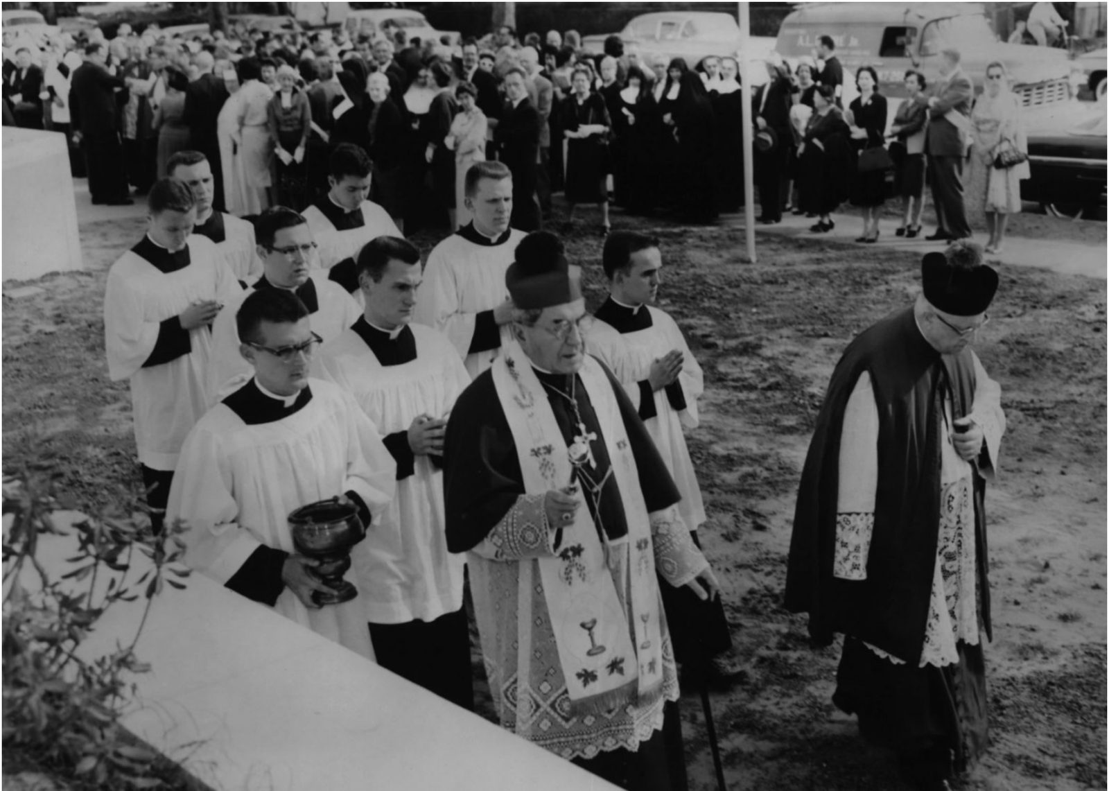 Archbishop Rummel leading a blessing at the new Chancellery in 1962