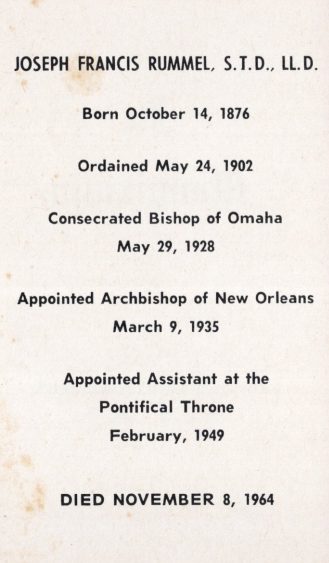 The memorial card leaf listing the dates of his life