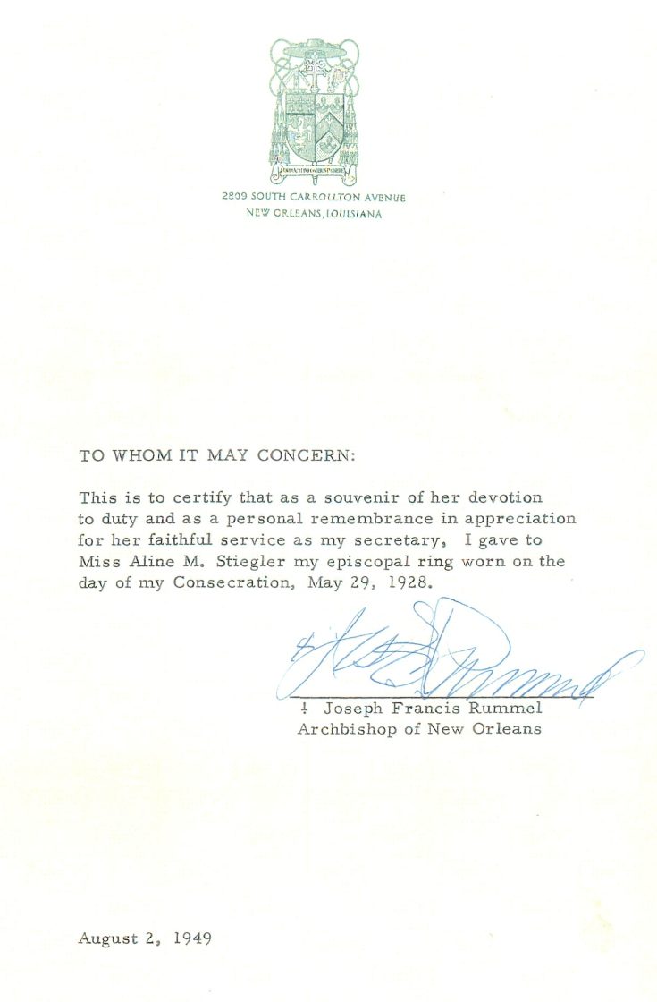 The 1949 letter accompanying the episcopal ring