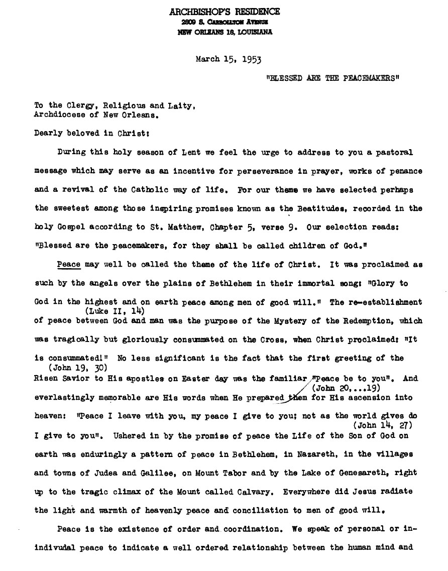 The first page of the 1953 pastoral letter