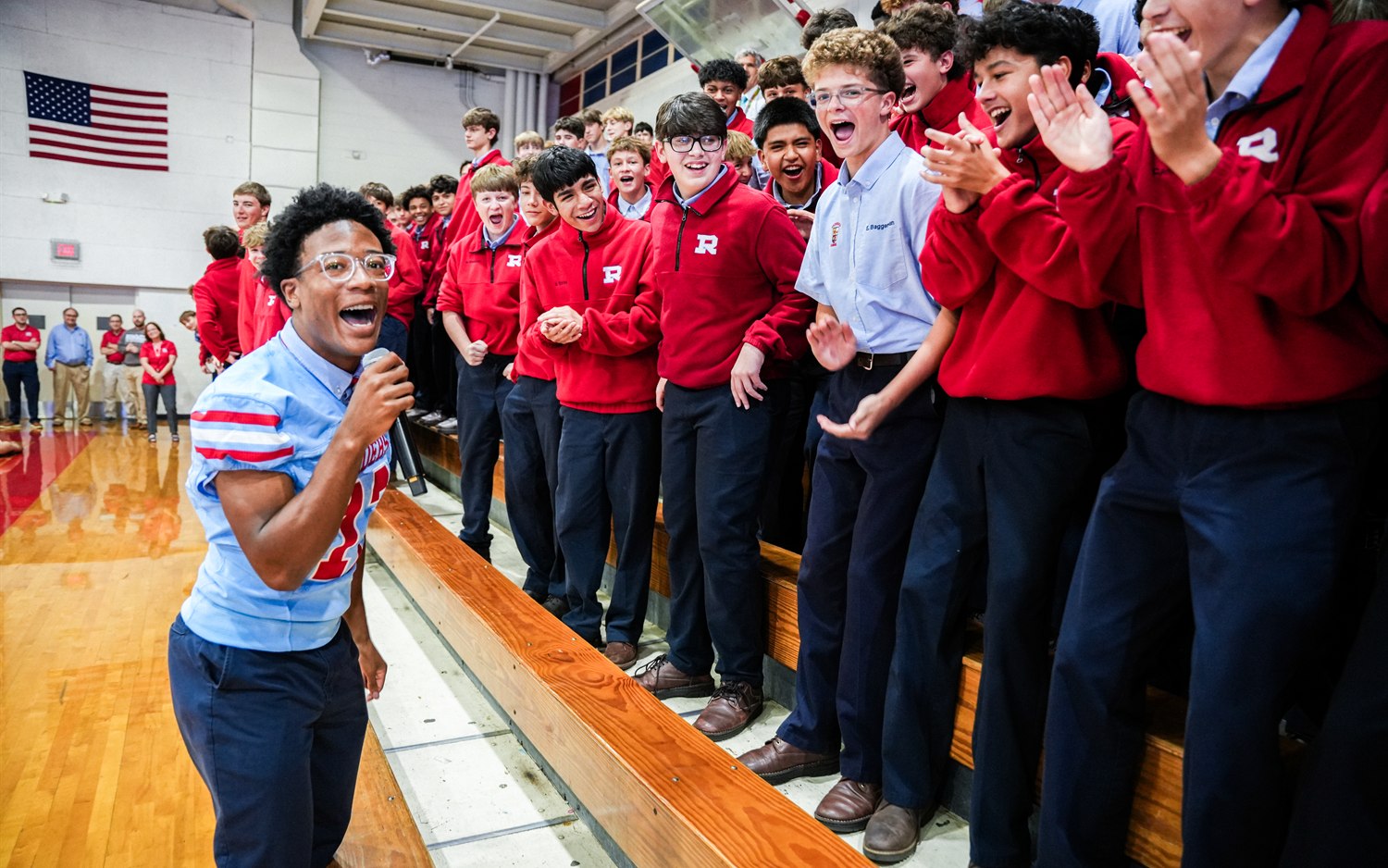 A Rummel student hyping the brotherhood at a pep rally
