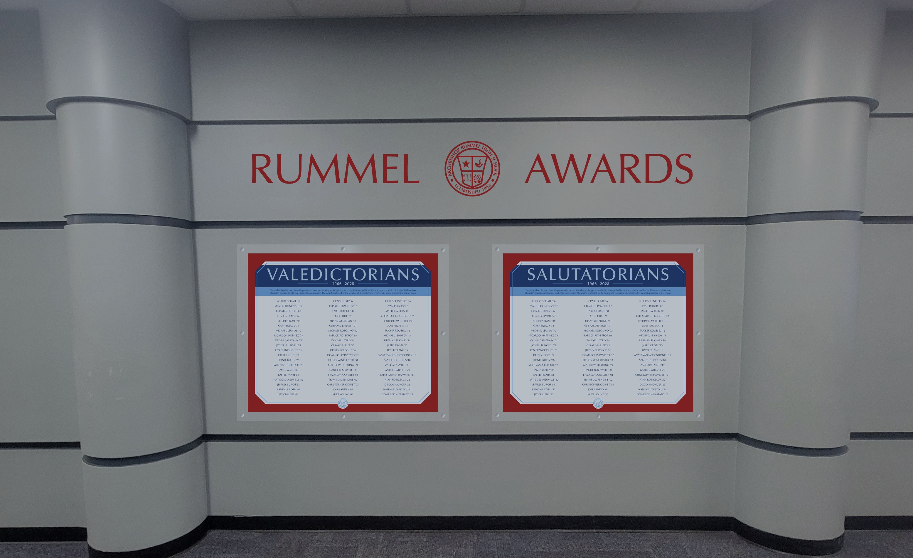 The Rummel Awards wall in the upstairs library hallway at Archbishop Rummel High School
