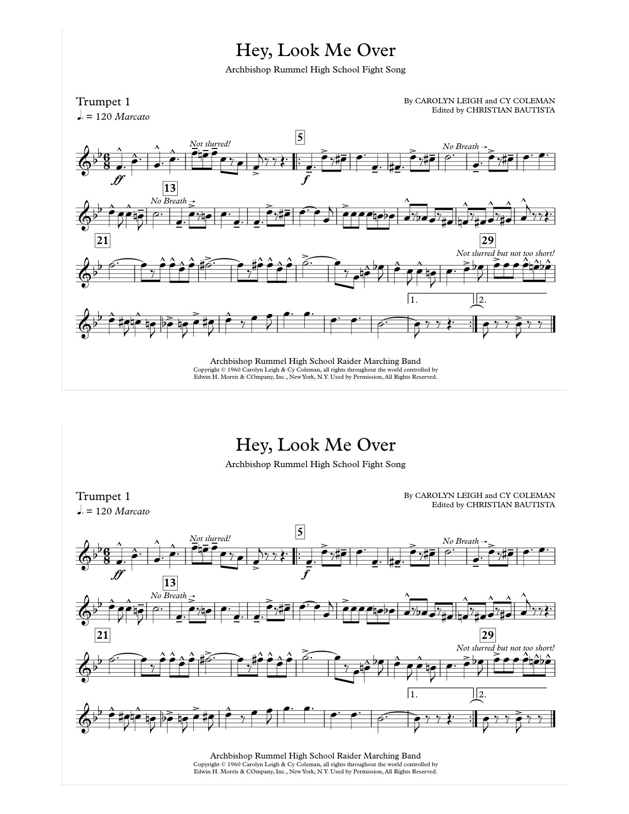 Sheet music for the Fight Song, first trumpet part
